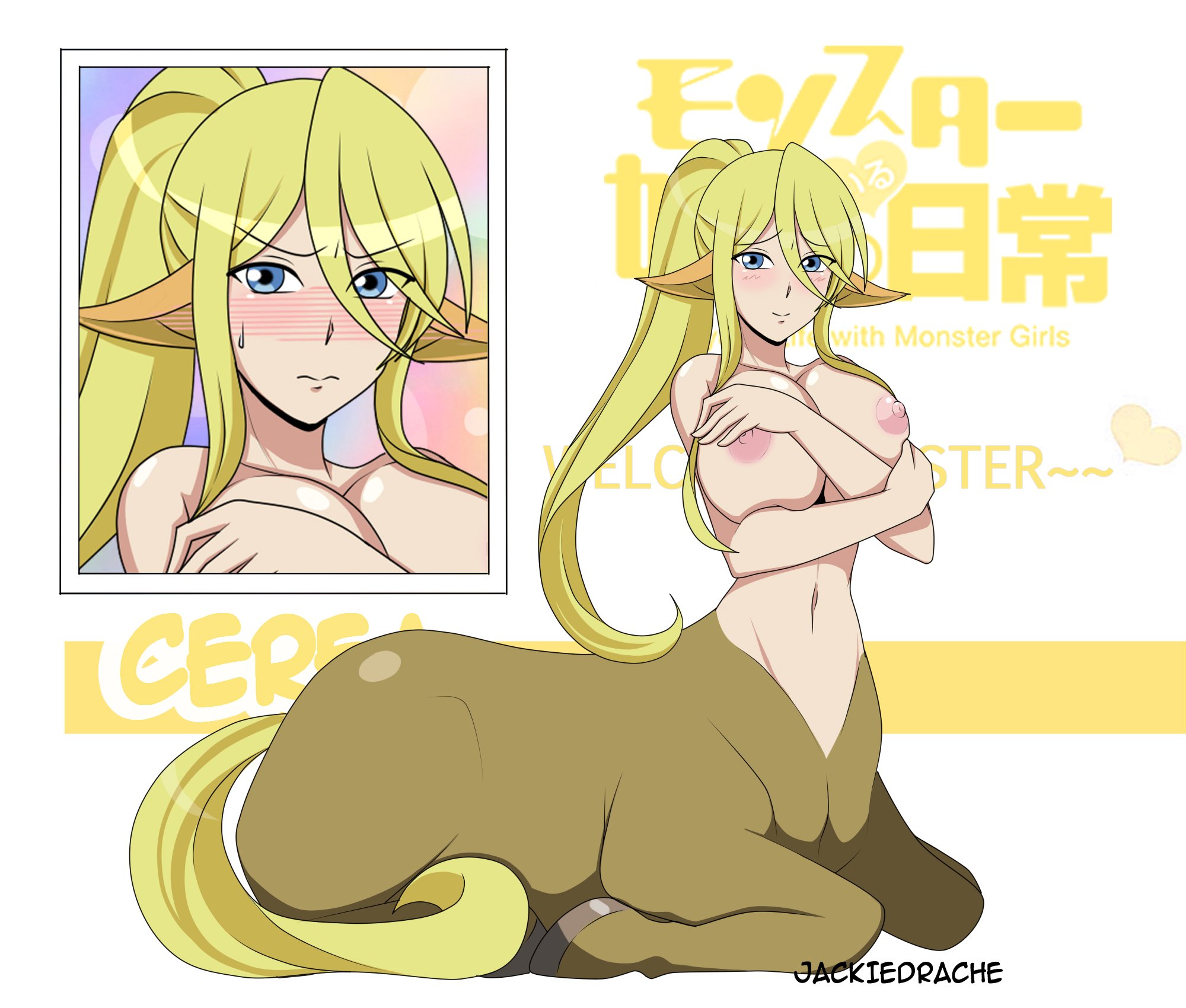 big breasts, blonde hair, blue eyes, breasts, centaur, centorea shianus, equid taur, female, gigantic breasts, horse, jackie-drache, monster girl, monster musume no iru nichijou, taur