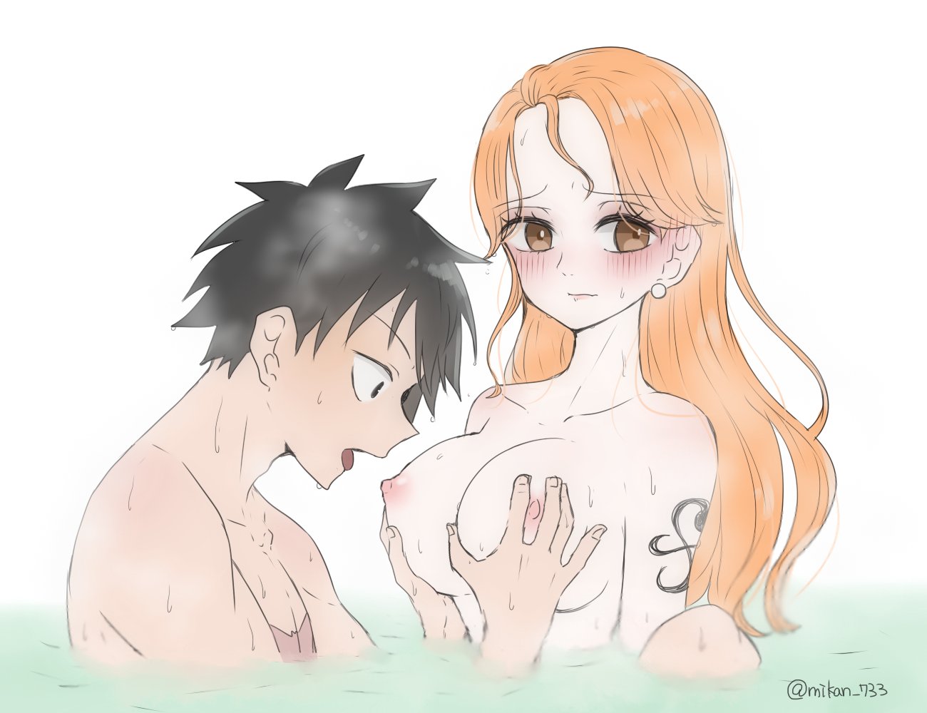 1boy, 1girls, areolae, arm tattoo, bath, bathing, bathing together, big breasts, black hair, black tattoo, black-haired male, blush, breast focus, breast grab, breasts, completely nude, couple, curious, curvy female, embarrassed nude female, female, fondling, fondling breast, long hair, male, mikan 733, mixed bathing, monkey d luffy, muscular, muscular male, nami (one piece), nipples, nude, one piece, orange hair, orange-haired female, post-timeskip, scar, short hair, water, wet body, wet hair, wholesome