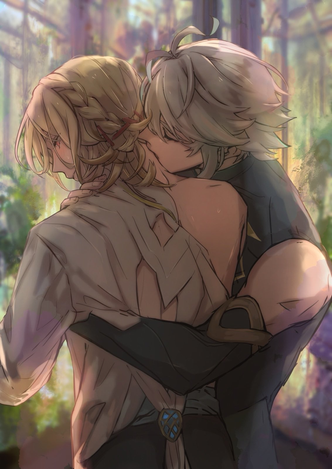 alhaitham (genshin impact), back view, blonde hair, gay, genshin impact, grey hair, hugging, kaveh (genshin impact), kissing, kissing neck, male, male only, muscular, muscular male, red eyes, twink, yaoi
