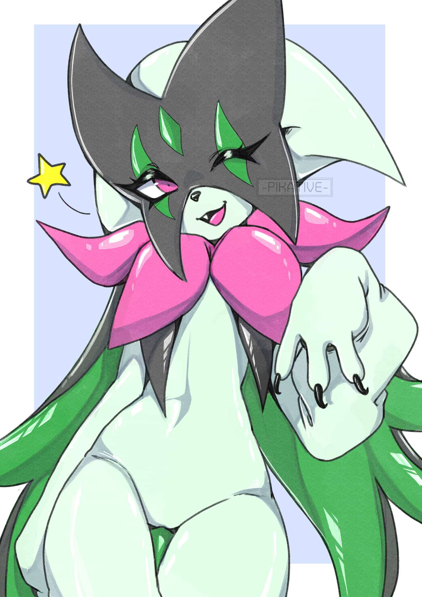 2022 animal_humanoid anthro clawed_fingers claws colored digital_drawing_(artwork) digital_media_(artwork) eyelashes fangs felid feline felis female fur generation_9_pokemon genitals green_body green_fur happy hi_res humanoid leaked_pokemon looking_at_viewer mammal mammal_humanoid meowscarada navel nintendo nude one_eye_closed open_mouth pawpads paws pikative pokemon pokemon_(species) pokemon_sv pussy red_eyes seductive shaded simple_background smile solo star teeth teeth_showing thick_thighs tongue video_games wide_hips wink