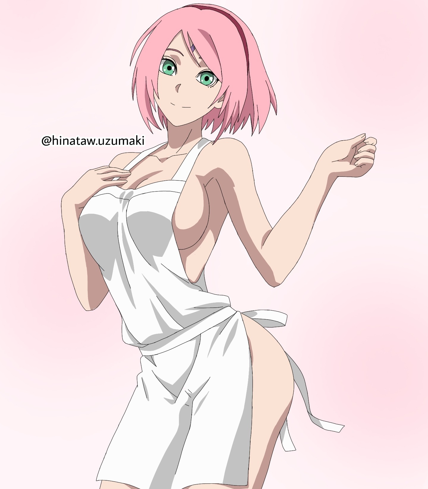1girls, almost naked, apron, apron only, barely clothed, boruto: naruto next generations, breasts, clavicle, cleavage, collarbone, facial mark, female, female only, forehead mark, functionally nude, functionally nude female, green eyes, hairband, looking at viewer, milf, mostly nude, naked, naked apron, naruto, naruto (series), nude, open mouth, pink background, pink hair, sakura haruno, simple background, solo, solo focus