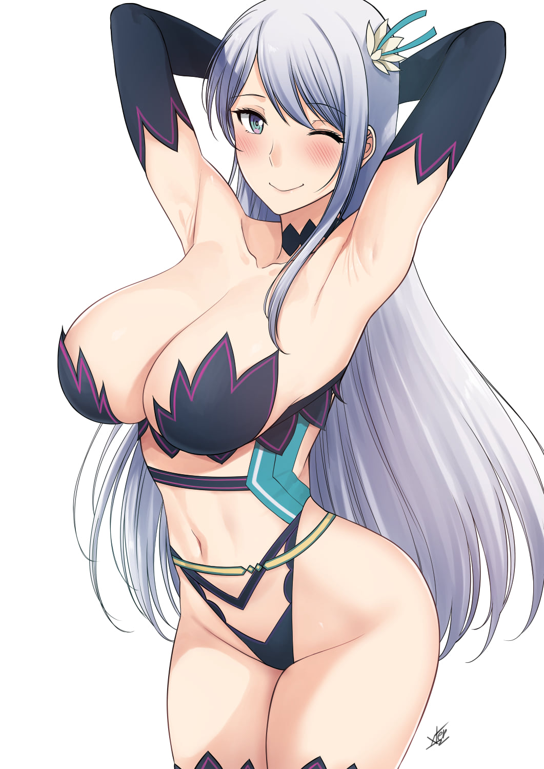 1girls aqua_eyes armpits arms_behind_head artist_name big_breasts breasts busty cleavage female female_only grey_hair highres kisaragi_reona kyuukyoku_shinka_shita_full_dive_rpg_ga_genjitsu_yori_mo_kusoge_dattara large_breasts legs long_hair navel one_eye_closed pose posing sensual sexy_armpits smile solo thick_thighs thighs voluptuous wink xtermination