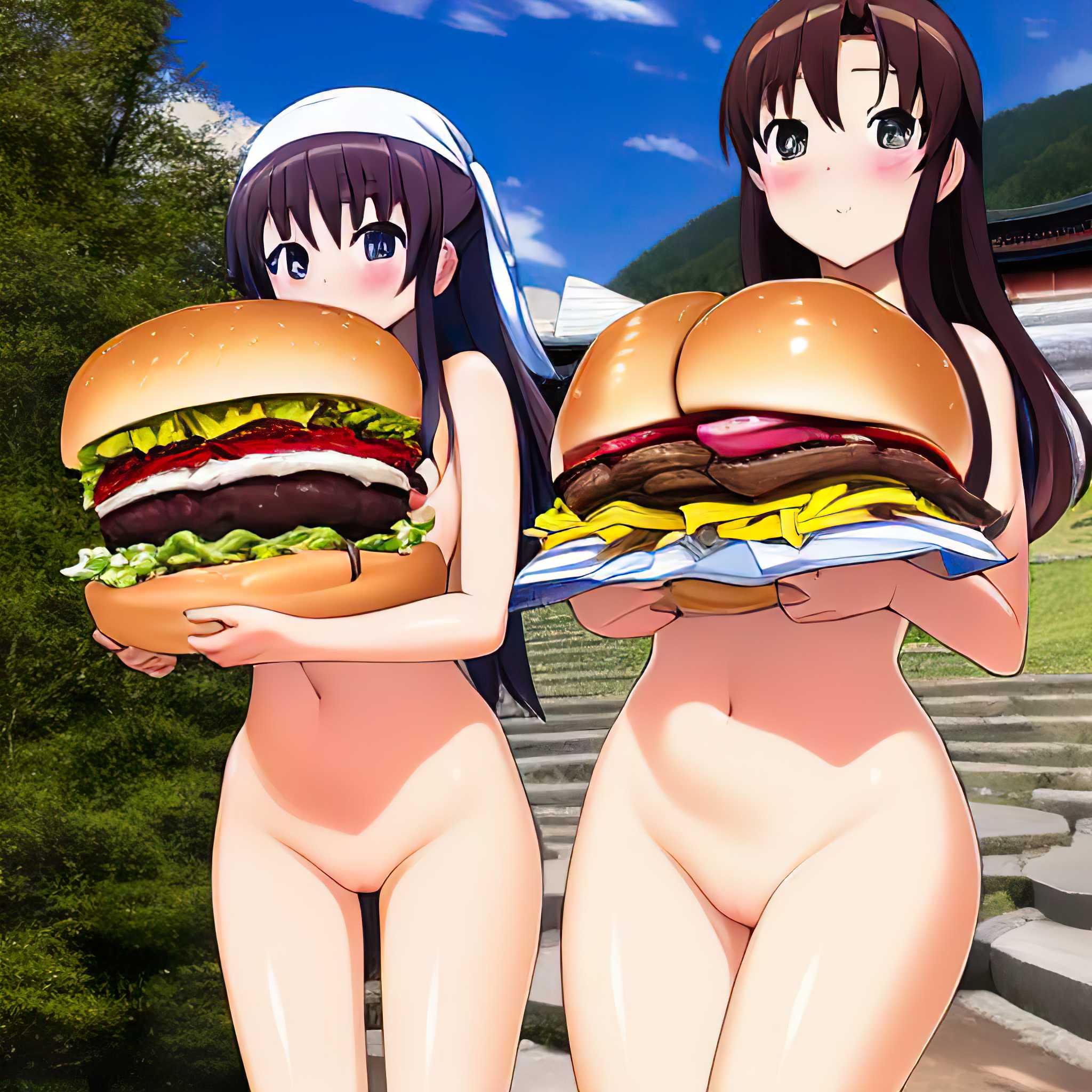 2girls ai_generated big_burger boob_burger burger carrying_food character_request copyright_request female female_only imminent_eating light-skinned_female nai_diffusion nude nude_female stable_diffusion your_order_is_ready_(meme)