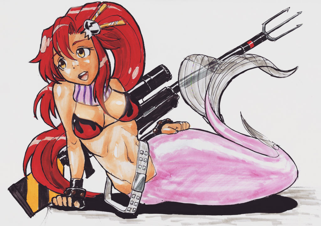 fish_girl fish_tail gun mermaid mermaid_girl mermaid_position mermaid_tail mermaid_transformation monster_girl pfs-kun red_hair tengen_toppa_gurren-lagann tengen_toppa_gurren_lagann yoko_littner