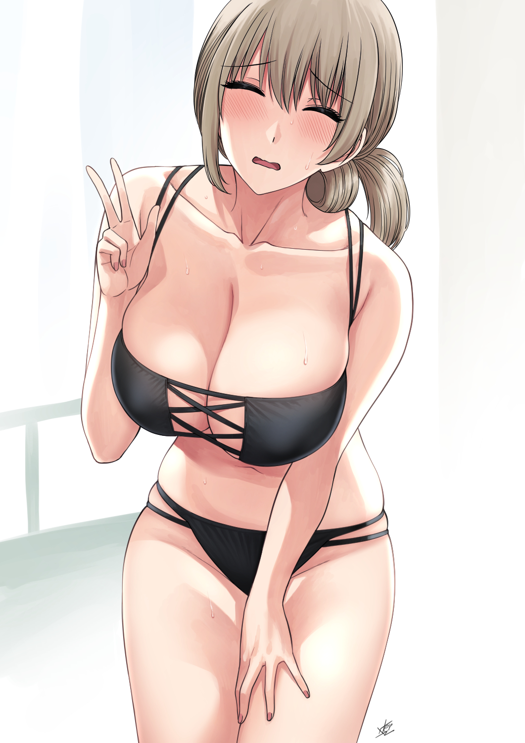 1girls, bikini, black bikini, blush, breasts, cleavage, closed eyes, collarbone, curvy, female, grey hair, hand up, highres, light brown hair, mature, mature female, milf, mother, open mouth, ponytail, raised eyebrows, skindentation, solo, swimsuit, uzaki tsuki, uzaki-chan wa asobitai!, v, wavy mouth, xtermination