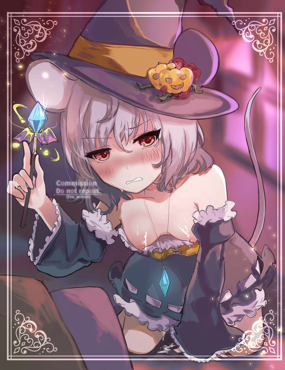 alternate_costume animal_ears bangs blush breasts chidori_nekoro clenched_teeth commentary_request commission crystal cum cum_on_body cum_on_breasts cum_on_pussy cumdrip detached_sleeves dress female frilled_dress frilled_sleeves frills full_body grey_dress grey_hair grey_sleeves hat highres holding holding_wand jack-o'-lantern_hat_ornament looking_at_viewer mouse_ears mouse_girl mouse_tail nazrin nipples red_eyes short_hair skeb_commission small_breasts solo strapless strapless_dress tail teeth touhou wand witch witch_hat