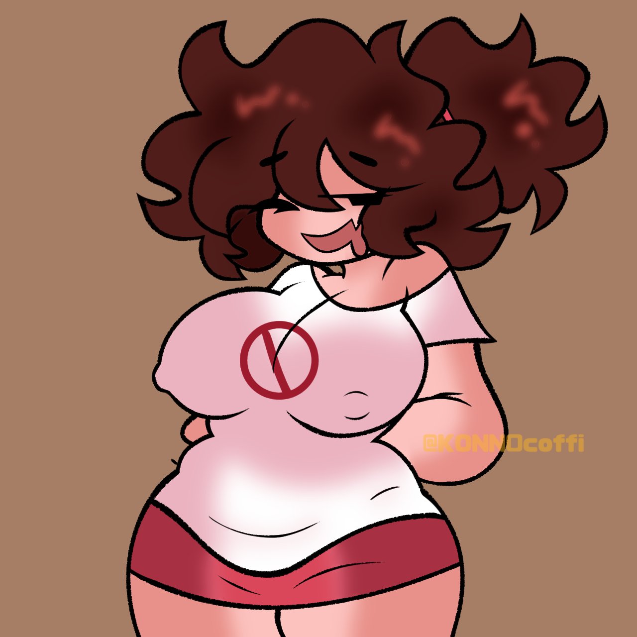 arms behind back, big breasts, breasts, brown hair, colored, drooling, female, female focus, female only, friday night funkin, girlfriend (friday night funkin hd), girlfriend (friday night funkin), konn0coffi, nipples visible through clothing, shaded, smiling, solo, xime (artist)