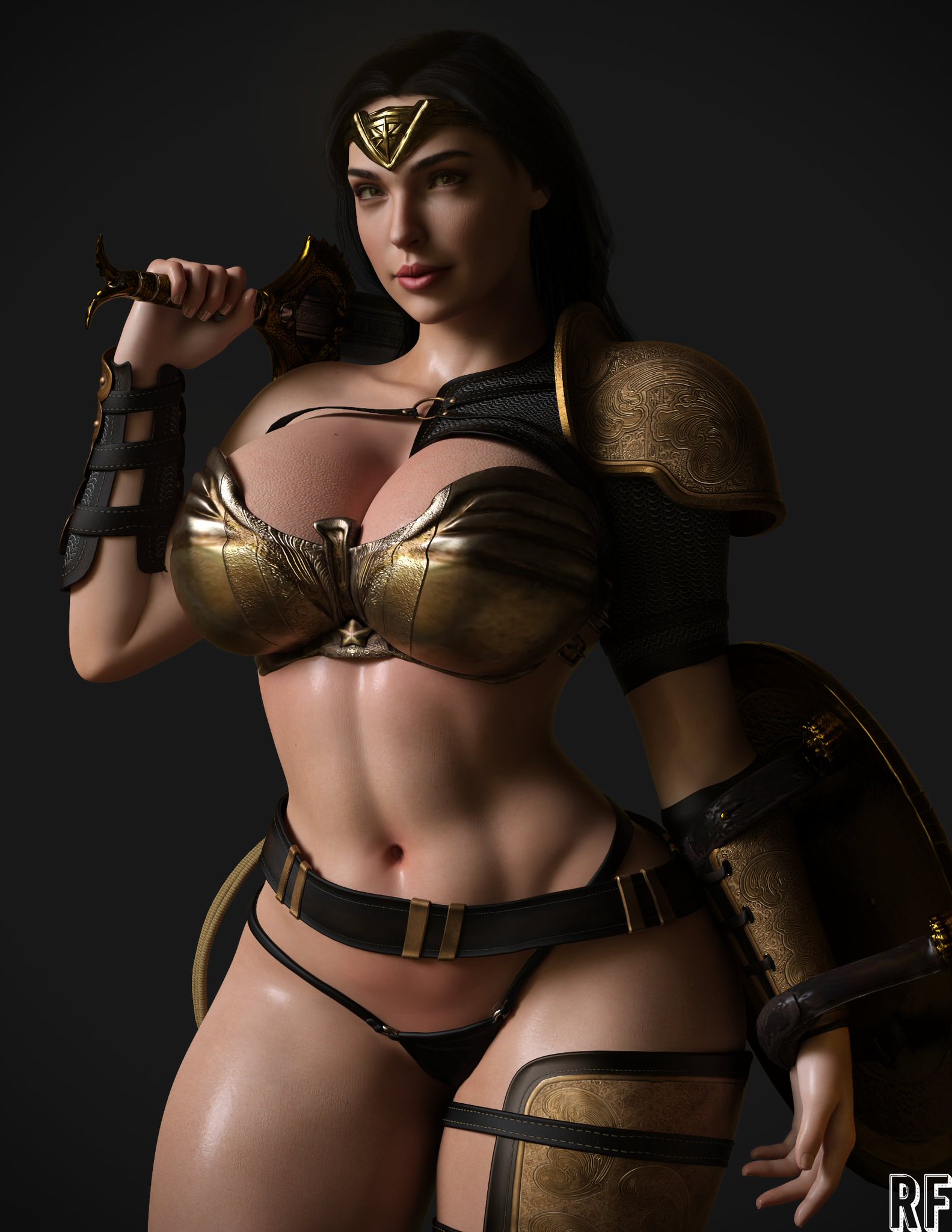 1girls, 3d, 3d (artwork), amazon, armor, big breasts, bikini armor, breasts, curvaceous, dc, dc comics, diana prince, female, female only, gal gadot, looking at viewer, rude frog, shield, skimpy armor, solo, sword, thong, warrior, wonder woman, wonder woman (series)