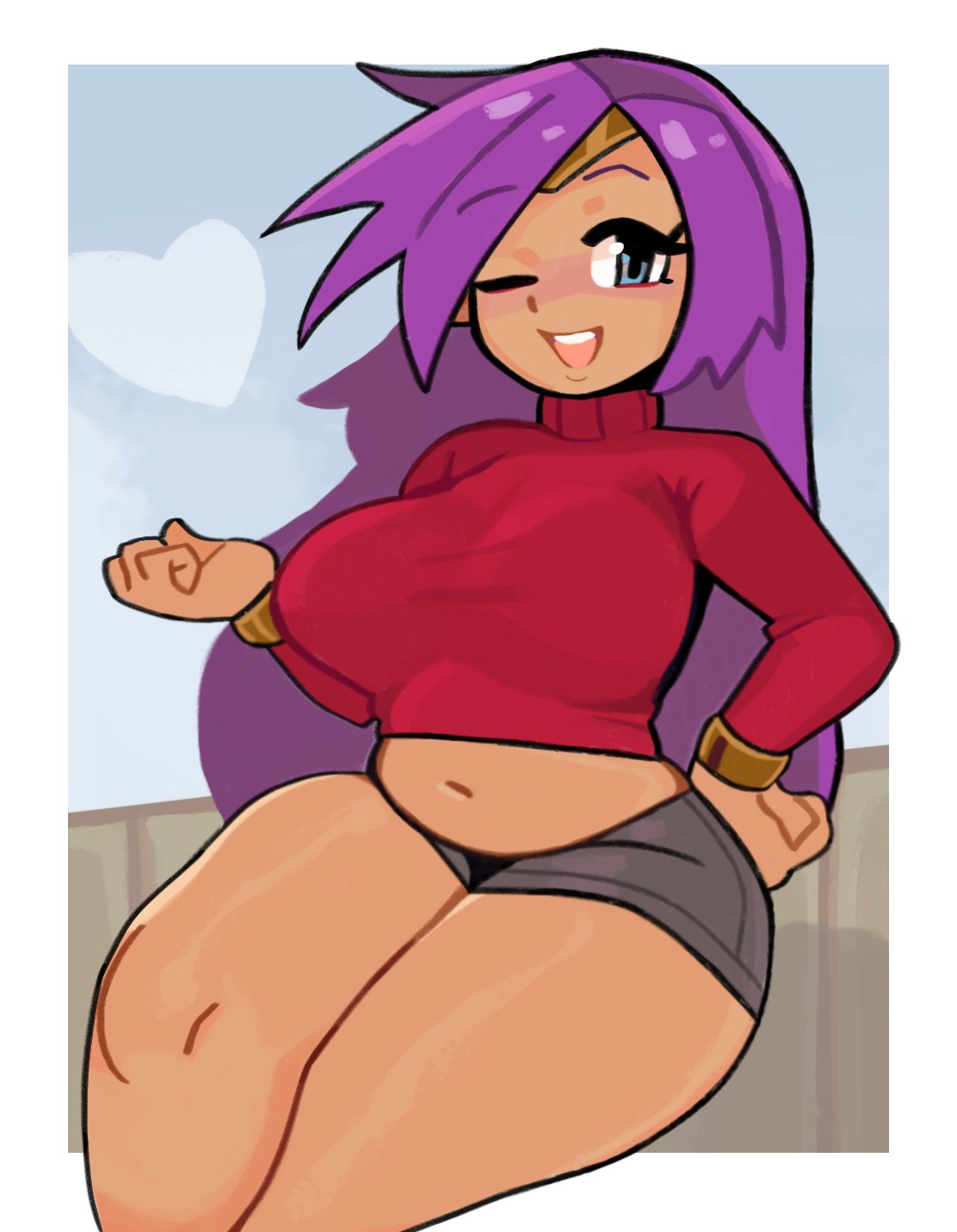 1girls, dark skin, female, female only, heart, red shirt, ring, shantae, shantae (character), shorts, smooth skin, solo, sweater, wink, xenoglitch
