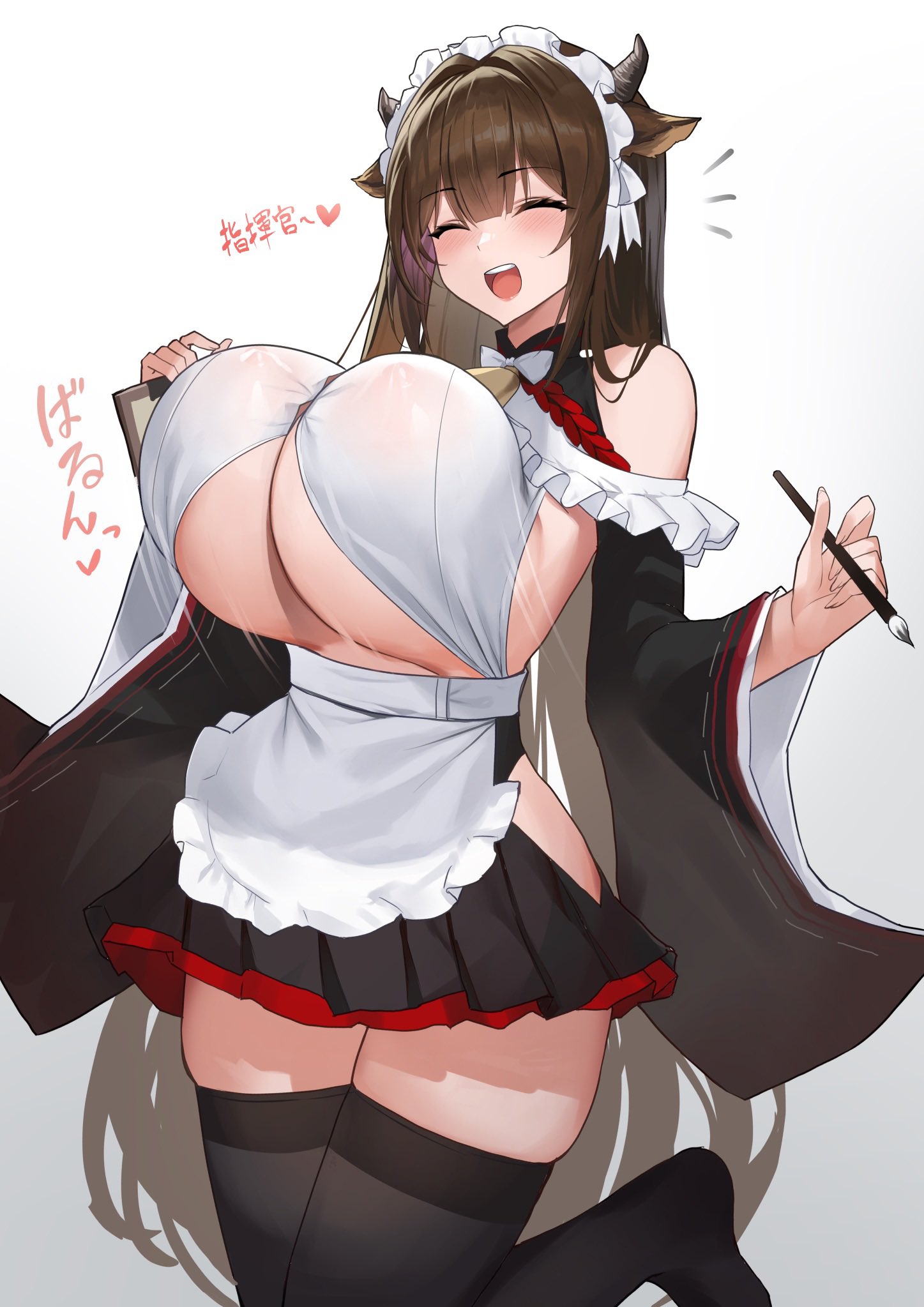 1girls, azur lane, bouncing breasts, breasts, brown hair, cleavage, cow ears, cow girl, cow horns, female, hi res, huge breasts, kashino (azur lane), kashino (maid for mayhem) (azur lane), kirome (kamipaper), light skin, light-skinned female, long hair, maid, maid headdress, maid outfit, massive breasts, sakura empire (azur lane), smile, thighhighs