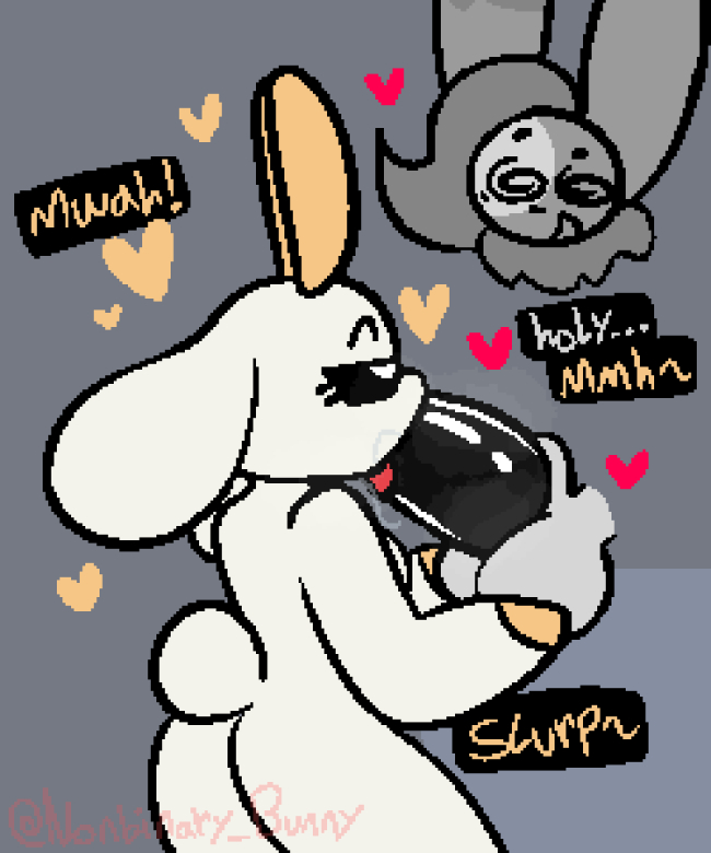 1girls, anthro, bunny ears, bunny maloney, charlotte (bunny maloney), fellatio, female, french text, furry, goat, goat horns, heart, male, male/female, nonbinary bunny, oral, oral penetration, tagme