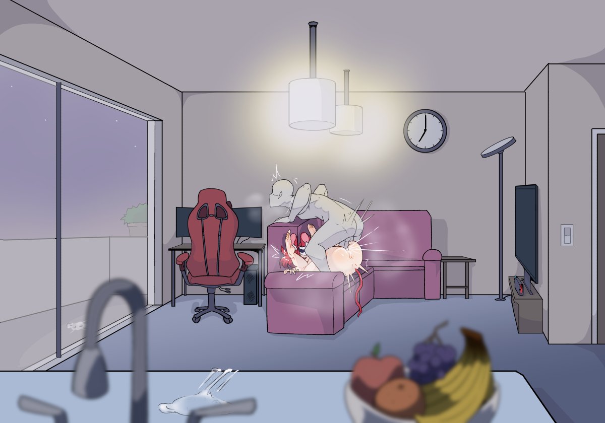 1boy, 1girls, apartment, clock, cum, feet up, female, fruit bowl, gaming chair, glass door, hakos baelz, hololive, hololive english, hololive english -council-, hololive english -promise-, male, mating press, moral cacoethes, penis, rat girl, red hair, straight, twintails, virtual youtuber