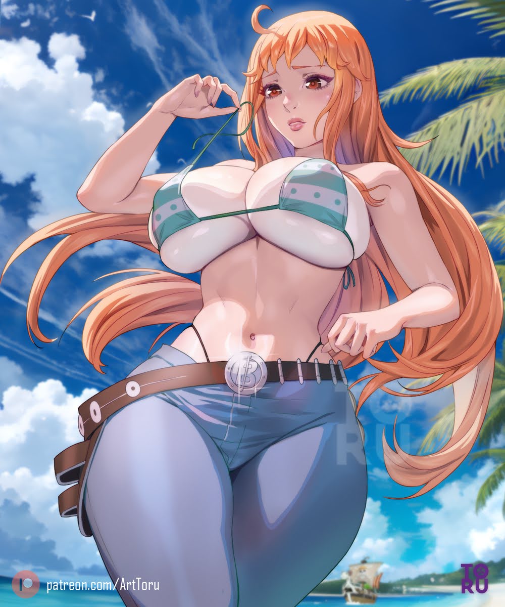1girls, arttoru, belt, bikini, blush, breasts, clothing, female, female only, hips, huge breasts, human, jeans, light skin, light-skinned female, long hair, nami (one piece), one piece, orange hair, orange-haired female, outdoors, pale skin, post-timeskip, striped bikini, swimwear, thick thighs, thighs, thong, thong above pants, thong bikini, thong straps, wardrobe malfunction, wide hips