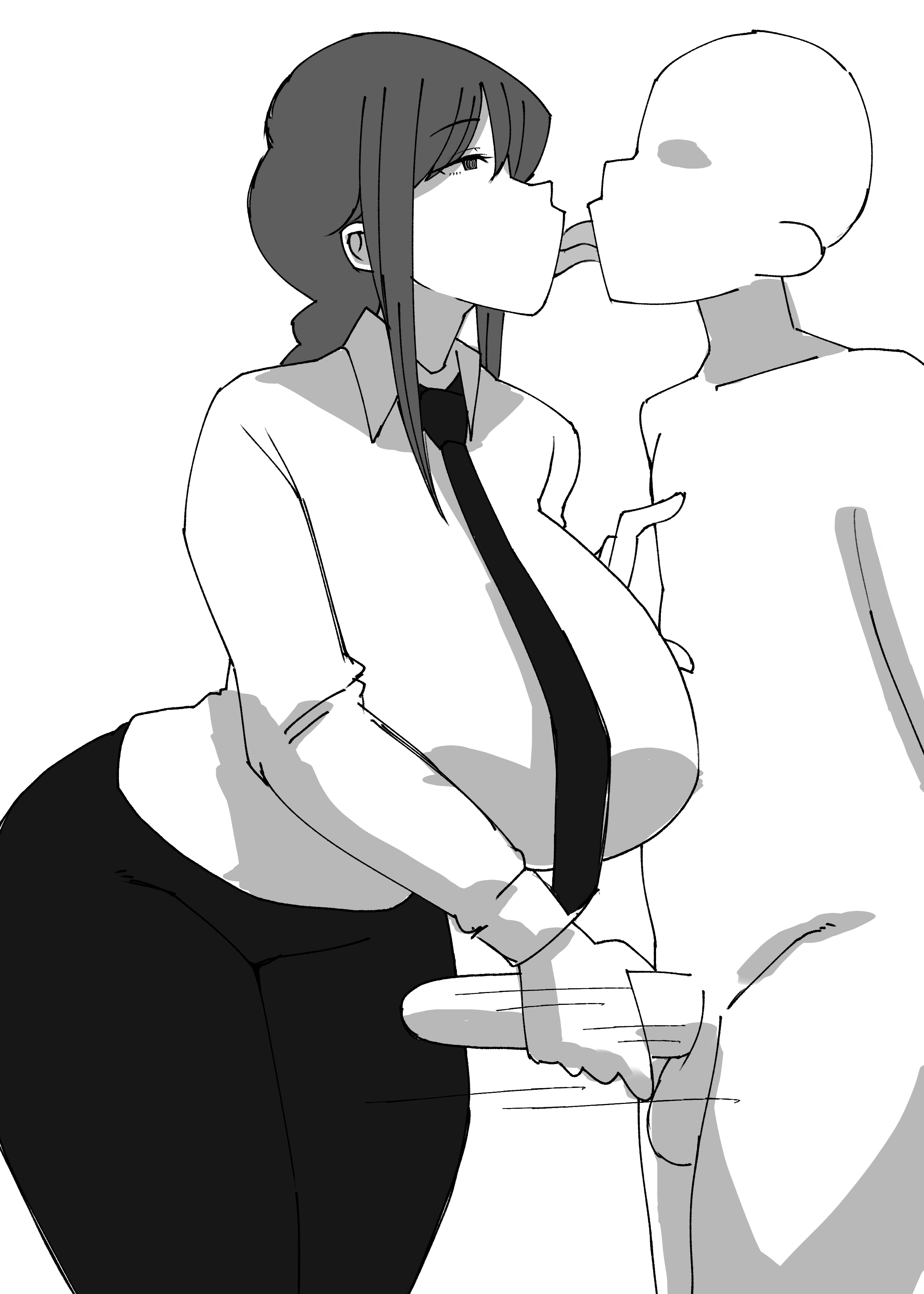 breasts, censored, chainsaw man, clothed female nude male, curvy female, curvy figure, female, handjob, handjob while kissing, hourglass figure, huge breasts, kissing, makima (chainsaw man), male, monochrome, necktie, penis, suit, suit and tie, suna ponz, tongue kiss, tongue kissing