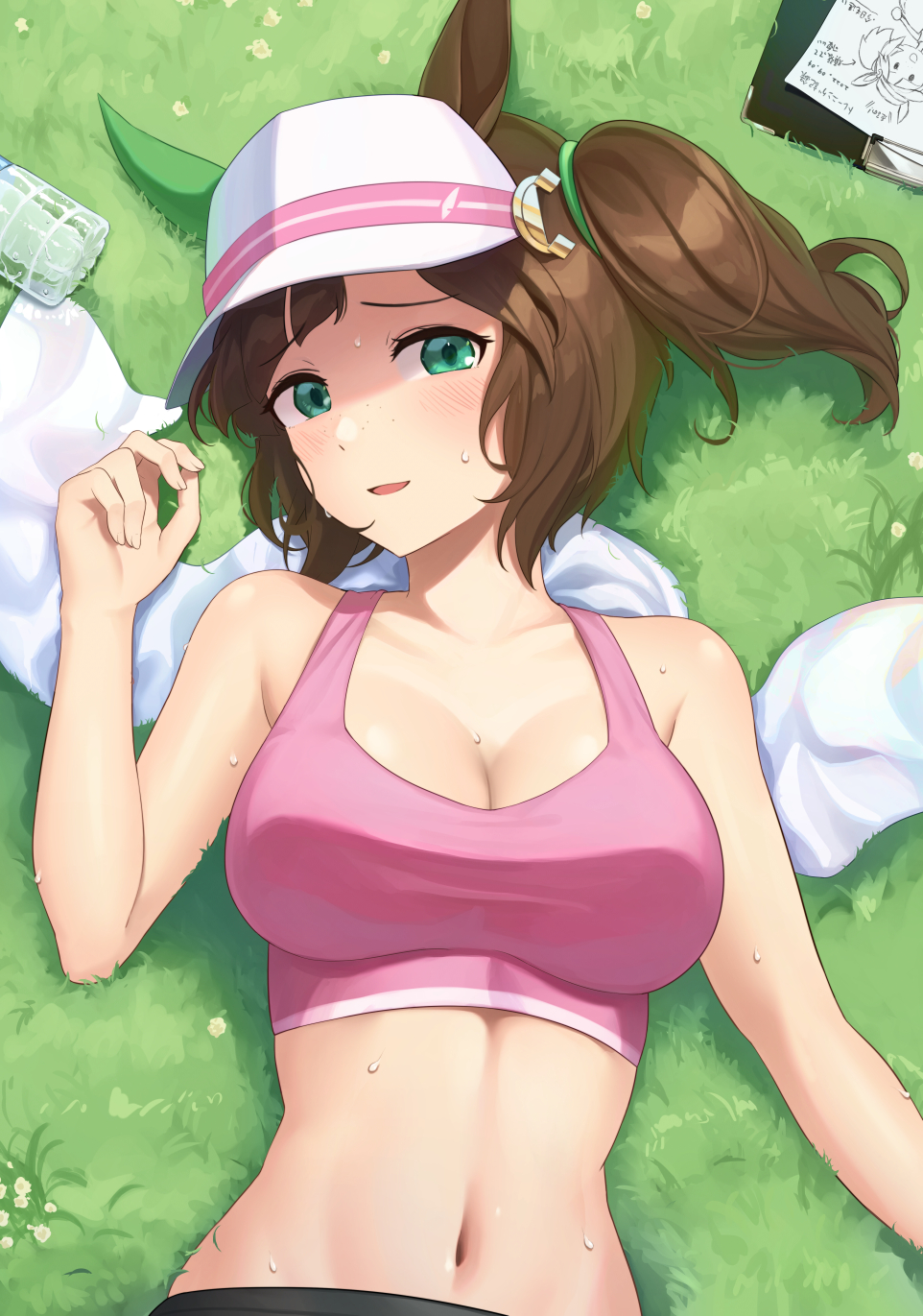 1girls animal_ears arms_up bare_shoulders belly belly_button big_breasts blush blush_lines blushing_at_viewer bottle bra breasts brown_hair cleavage collarbone ear_covers female female_focus female_only freckles grass green_eyes head_to_side horse_ears horse_girl hukahito ines_fujin_(umamusume) large_breasts light-skinned_female light_skin looking_at_viewer lying lying_on_back navel nervous nervous_smile on_back only_female open_mouth outdoors pink_bra shiny shiny_hair shiny_skin side_ponytail single_ear_cover smile smiling smiling_at_viewer solo solo_female solo_focus sports_bra sportswear stomach sweat sweatdrop sweaty sweaty_body tongue towel umamusume underwear upper_body visor_cap water_bottle