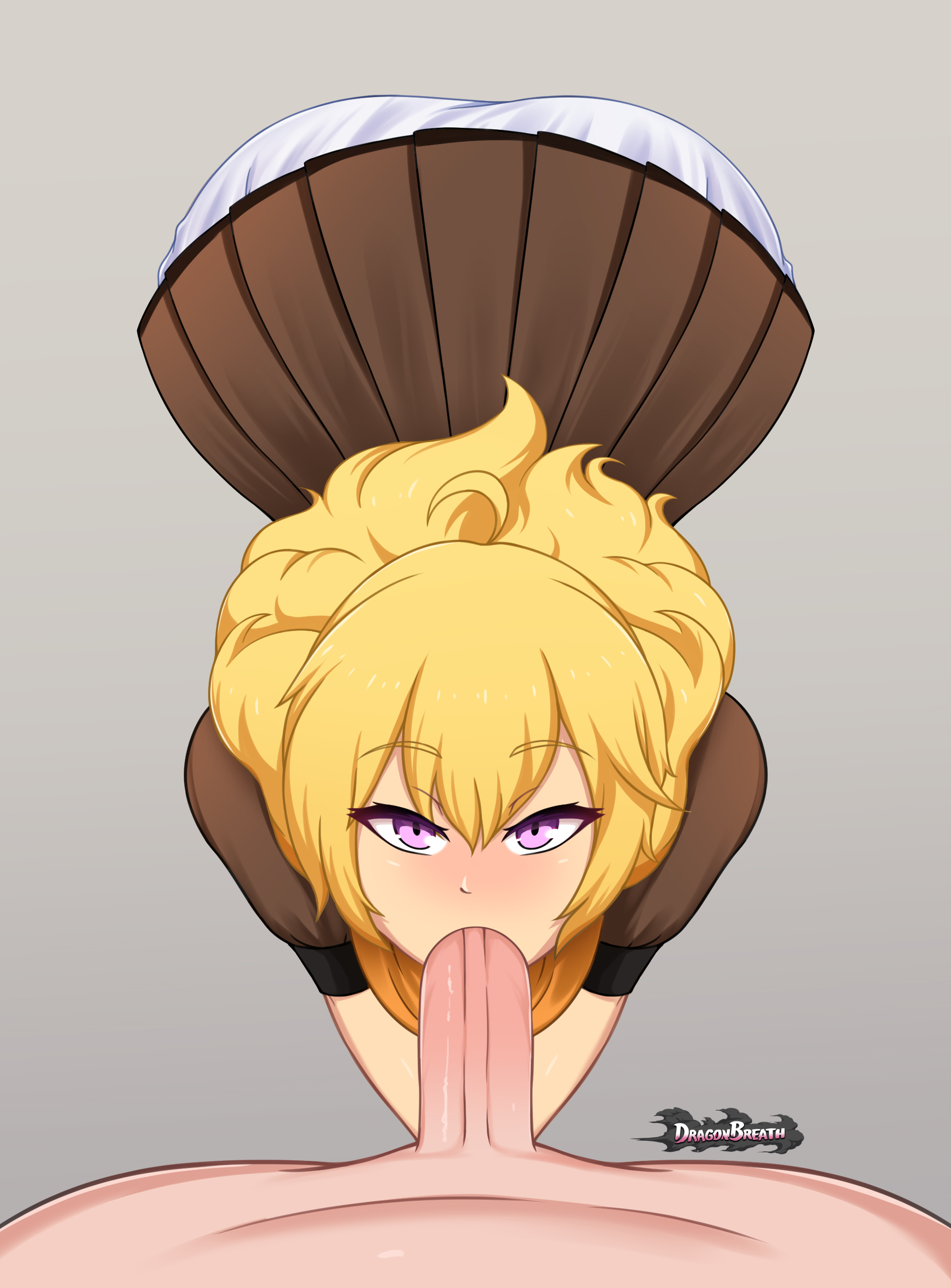 1boy, 1girls, ahoge, blonde hair, blush, dragon breath, eyebrows visible through hair, fellatio, female, kneeling, looking at viewer, male, pov, rwby, shiny hair, shiny skin, submissive, submissive female, tagme, unseen male face, violet eyes, yang xiao long