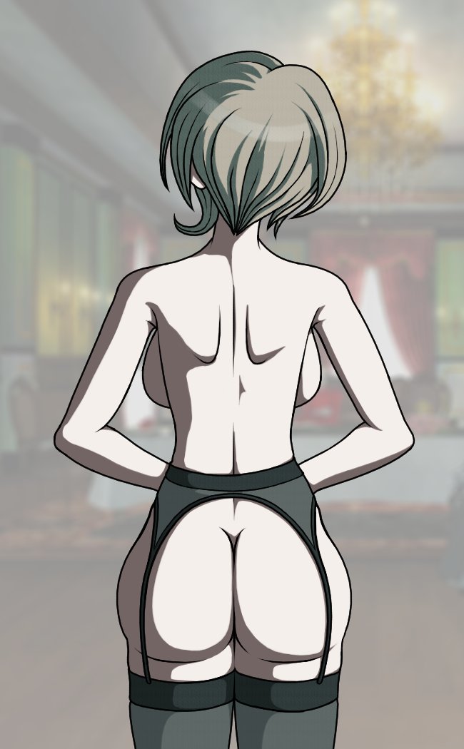 accurate art style, ass, back, behind view, cheeeeeeeeeeeeen, completely nude, danganronpa, danganronpa v3, female, female only, garter belt, garter straps, large ass, nude, nude female, sprite edit, stockings, straight hair, thick ass, toujou kirumi, useless clothing