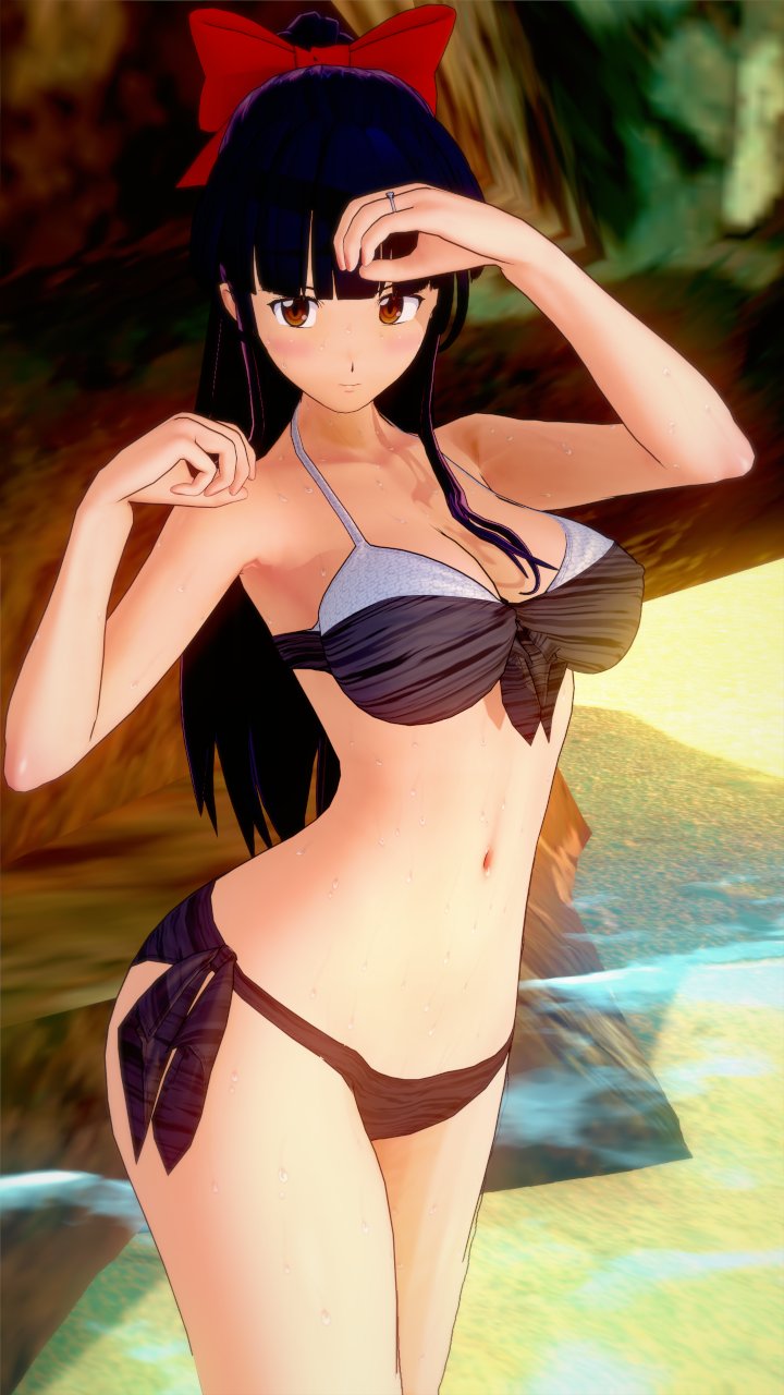 1girls 2022 3d artist_request big_breasts bikini black_bikini blue_hair blush bow breasts brown_eyes busty cleavage female female_only hair_ribbon highres large_breasts legs long_hair navel ponytail ribbon sakura_shinguji sakura_taisen sakura_wars sega small_breasts solo sweat swimsuit thighs voluptuous water