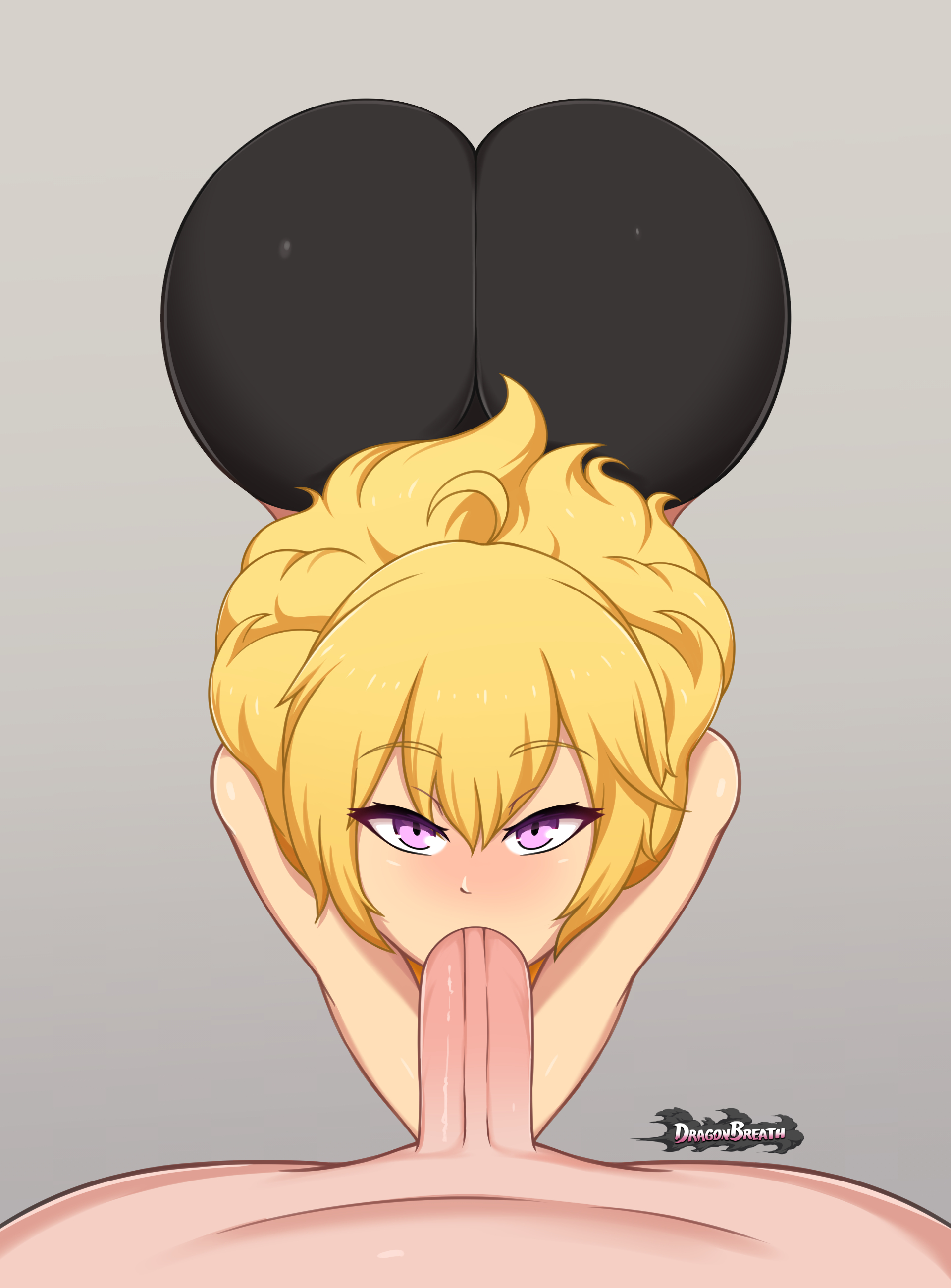 1boy, 1girls, ahoge, ass, blonde hair, blush, dragon breath, eyebrows visible through hair, fellatio, female, kneeling, looking at viewer, male, pov, rwby, shiny hair, shiny skin, submissive, submissive female, tagme, unseen male face, violet eyes, yang xiao long