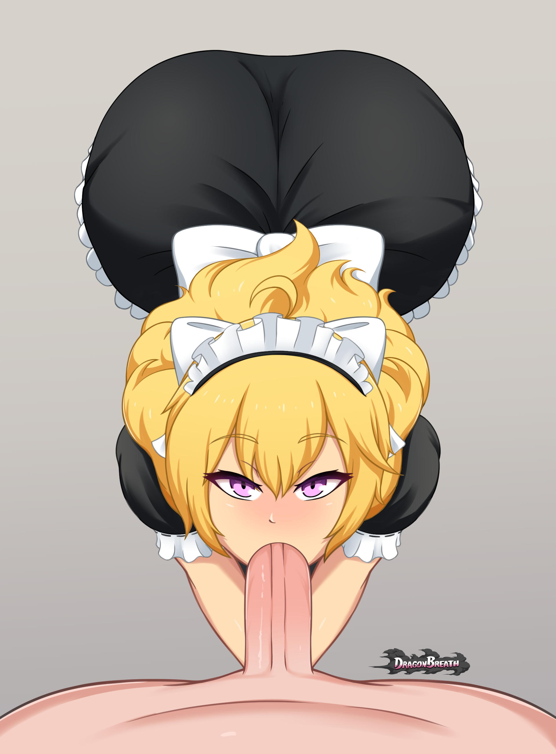 1boy, 1girls, ahoge, blonde hair, blush, dragon breath, eyebrows visible through hair, fellatio, female, kneeling, looking at viewer, maid, maid headdress, maid outfit, maid uniform, male, pov, rwby, shiny hair, shiny skin, submissive, submissive female, unseen male face, violet eyes, yang xiao long