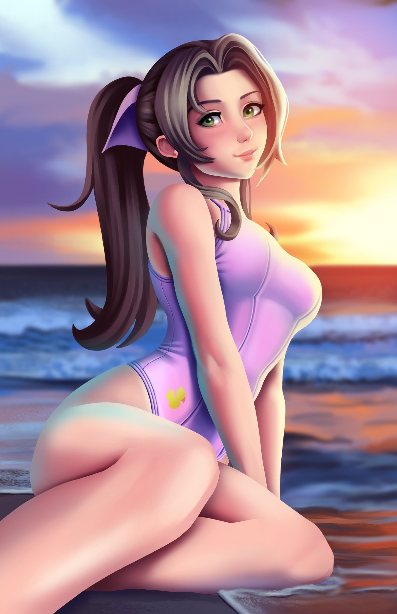 1girls, aerith gainsborough, female, female only, final fantasy, final fantasy vii, highleg swimsuit, jackary draws, one-piece swimsuit, pink one-piece swimsuit, pink swimsuit, solo, solo female, square enix, swimsuit