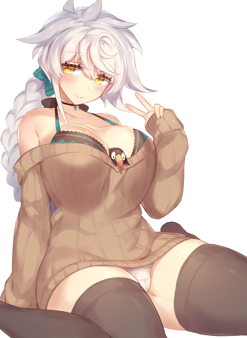 1girls asymmetrical_hair bangs between_breasts black_thighhighs blush bow braid breasts brown_sweater camisole choker cleavage collarbone eyelashes failure_penguin green_bow hairbow hand_gesture jewelry jitome kantai_collection large_breasts legs long_hair looking_at_viewer off-shoulder_sweater off_shoulder panties pendant pokoten_(pokoten718) ribbed_sweater silver_hair simple_background single_braid sitting smile solo sweater swept_bangs thick_thighs thighhighs thighs underwear unryuu_(kantai_collection) v very_long_hair wariza wavy_hair white_background white_panties yamaarashi yellow_eyes