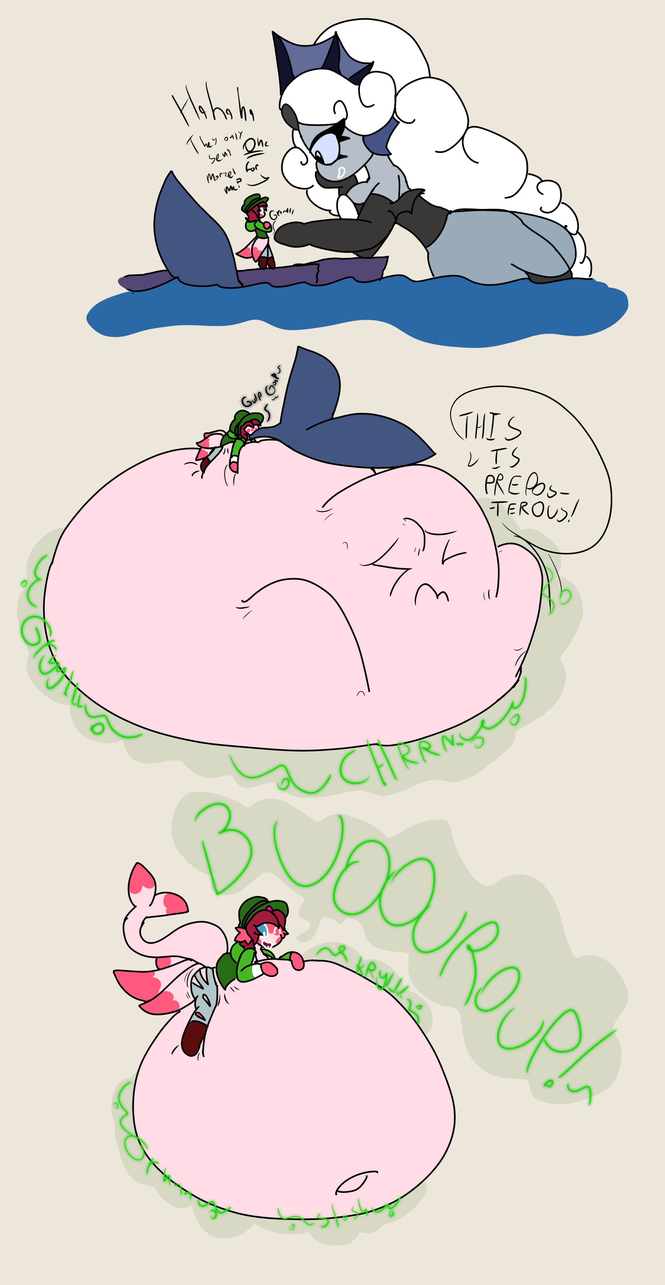 black pearl cookie, breasts, cookie run, digestion, female, female prey, macro/micro, male, male pred, mantisblossom, merfolk, mermaid, oc, oral vore, pink skin, post-vore, vore, white hair