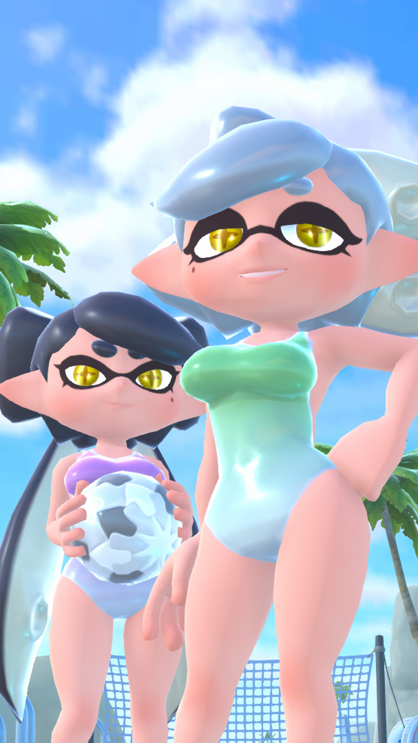 2girls 3d backless_outfit backless_swimsuit beach_ball callie_(splatoon) callie_(splatoon_island) female female_only green_one-piece_swimsuit green_swimsuit inkling manyakis marie_(splatoon) marie_(splatoon_island) nintendo one-piece_swimsuit purple_one-piece_swimsuit purple_swimsuit splatoon splatoon_island squid_sisters swimsuit