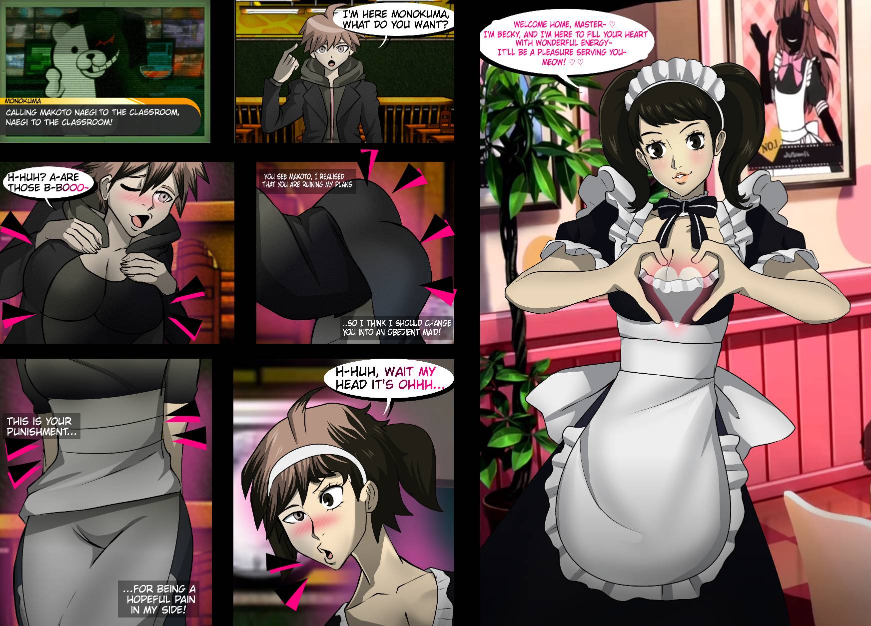 ass expansion, becky (persona), breast expansion, breast growth, breast growth (enlargement), breasts, danganronpa, erasethismail, eye color change, female, gender transformation, hair color change, hair growth, identity death, maid, maid uniform, mtf transformation, naegi makoto, persona, persona 5, personality change, sadayo kawakami, straight hair, transformation