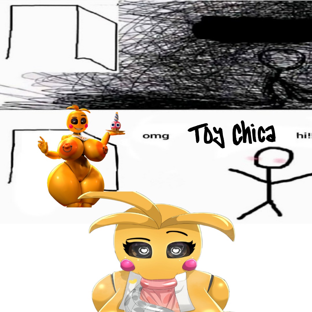 animatronic, anthro, bib, big breasts, breasts, cupcake, cupcake (fnaf), curvy female, female, five nights at freddy's, five nights at freddy's 2, heart eyes, heart-shaped pupils, male, meme, mistpirit, nipple piercing, nipples, omg hi!, penis, piercing, piercings, robot girl, seductive, seductive smile, straight, sucking penis, text, thick thighs, toy chica (fnaf), toy chica (love taste)
