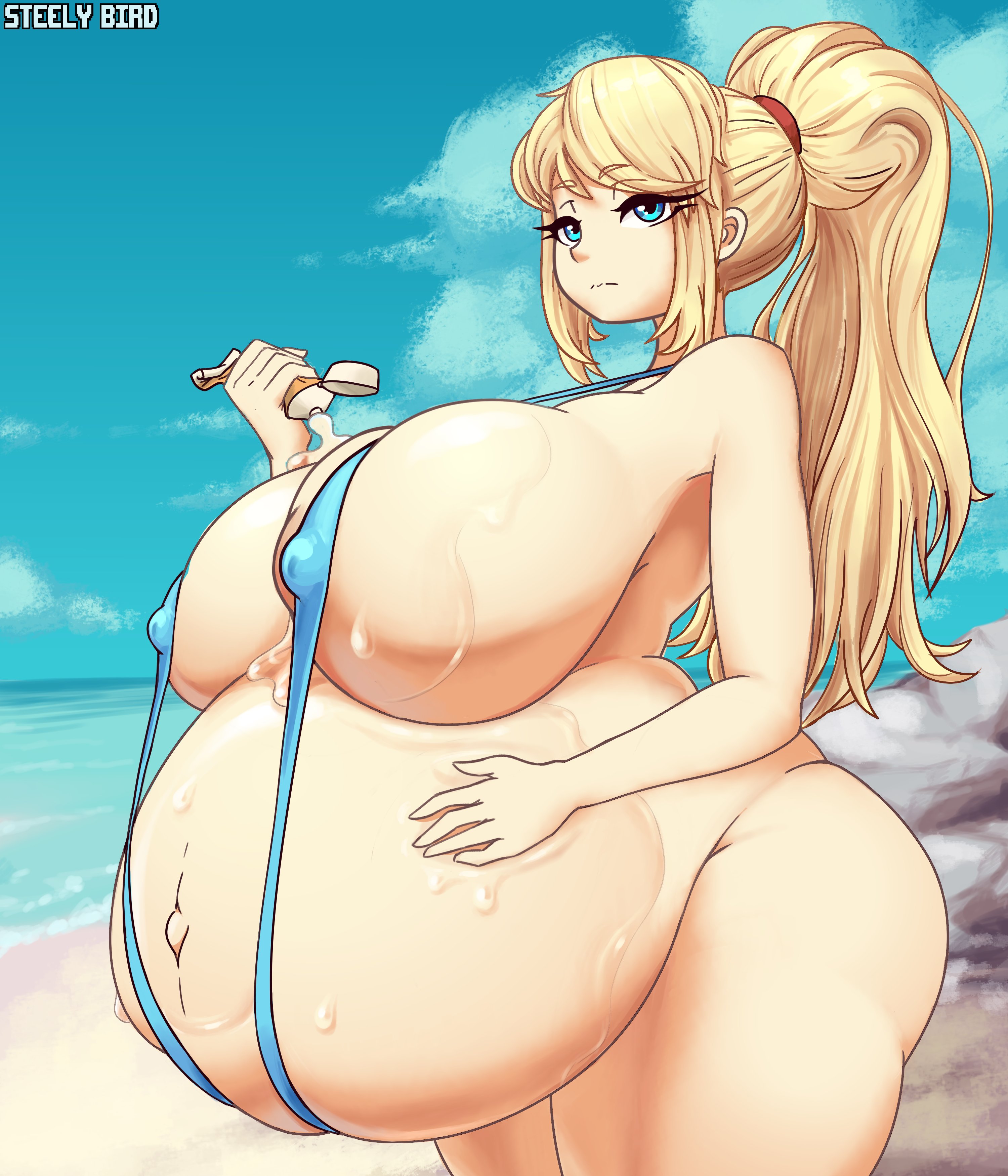 1girls, 2022, 5 fingers, areolae, beach, bikini, blonde hair, blue eyes, breasts, eyebrows, eyebrows visible through hair, eyelashes, female, female only, hand on belly, hi res, huge belly, huge breasts, hyper belly, hyper pregnancy, light skin, light-skinned female, looking at viewer, metroid, nintendo, nipple bulge, ocean, outdoors, outie navel, ponytail, pregnant, ready to pop, samus aran, side view, sideboob, sky, sling bikini, solo, standing, steely bird, swimsuit, thick thighs, watermark