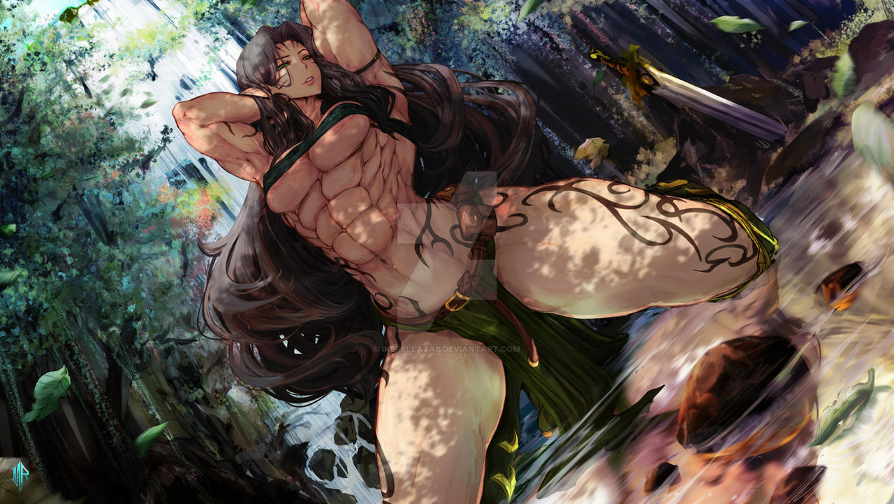 1girls, abs, armpits, arms up, big biceps, breasts, female, female only, flexing, ikeartrellatab, light skin, light-skinned female, muscular, muscular female, original, solo, solo female, sword, tattoo, thick thighs, underboob, warhammer (franchise), warhammer fantasy, wood elf, wood elf (warhammer), yrlen