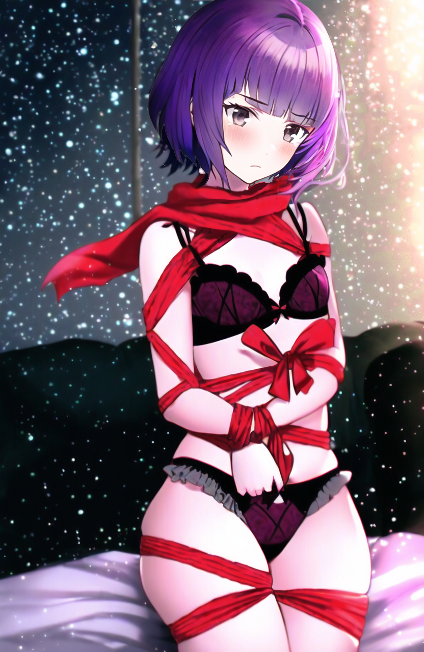 ai_generated bondage bound bound_wrists embarrassed fire_emblem fire_emblem:_new_mystery_of_the_emblem gray_eyes katarina_(fire_emblem) lingerie lingerie_only nintendo novelai present present_wrap purple_hair scarf thick_thighs thighs tiques wrapped wrapped_hands