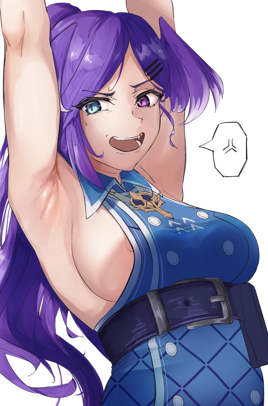 1girls, annoyed, armpit crease, armpits, arms up, belt, belt buckle, big breasts, blue topwear, breasts, fangs, female, female only, fully clothed, haeru, hair ornament, heterochromia, large breasts, light blue eyes, long hair, nijisanji, nijisanji en, nipple slip, open mouth, pink eyes, purple hair, selen tatsuki, selen tatsuki (2nd costume), sideboob, speech bubble, sweat, virtual youtuber, white background