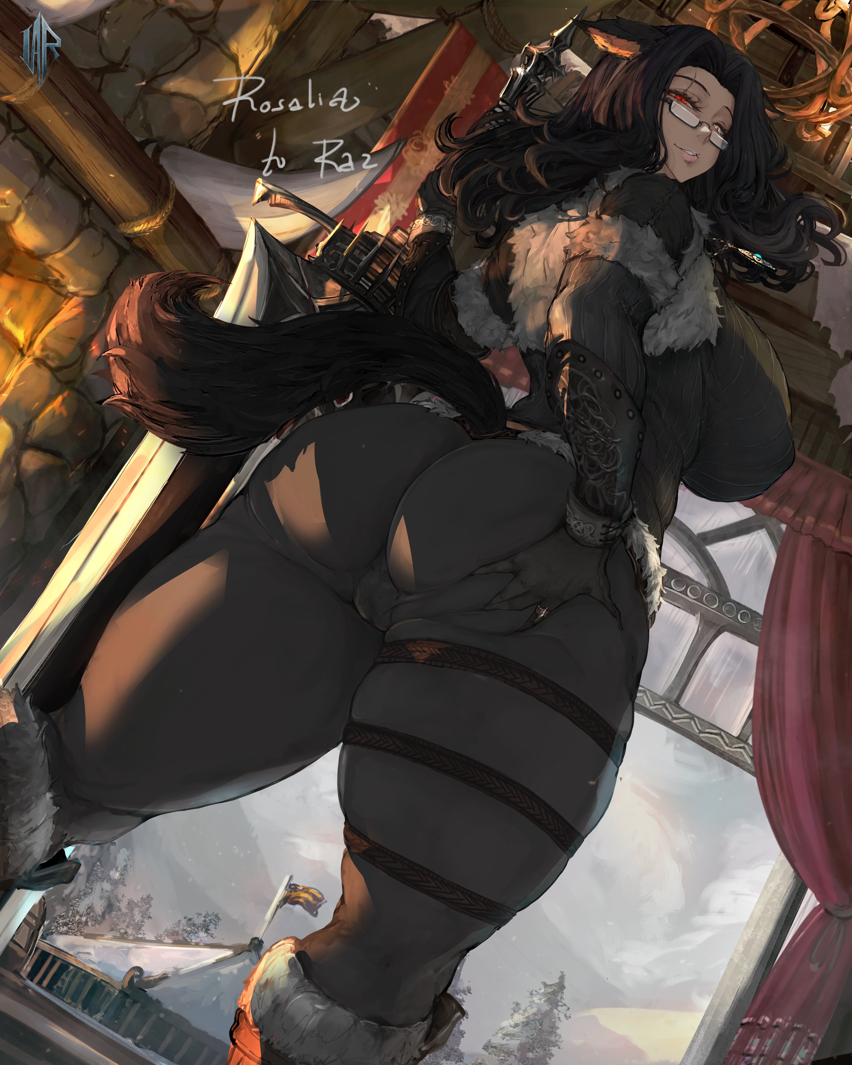 1girls, ass, breasts, cameltoe, clothing, female, female only, final fantasy, final fantasy xiv, huge ass, huge breasts, ikeartrellatab, looking at viewer, looking back, low-angle view, nipple bulge, original character, pussy