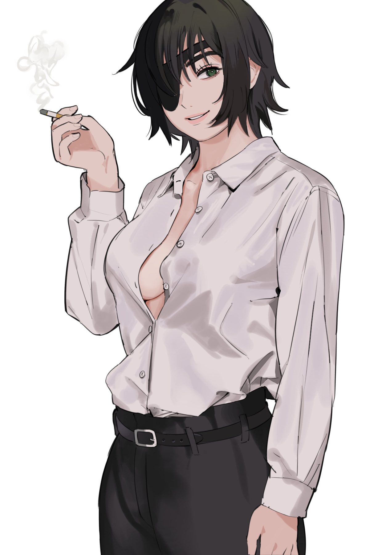1girls, breasts, chainsaw man, cigarette, cleavage, eyepatch, female, female only, giganticbuddha, himeno (chainsaw man), light skin, light-skinned female, open shirt, shounen jump, sideboob, smile, smoking
