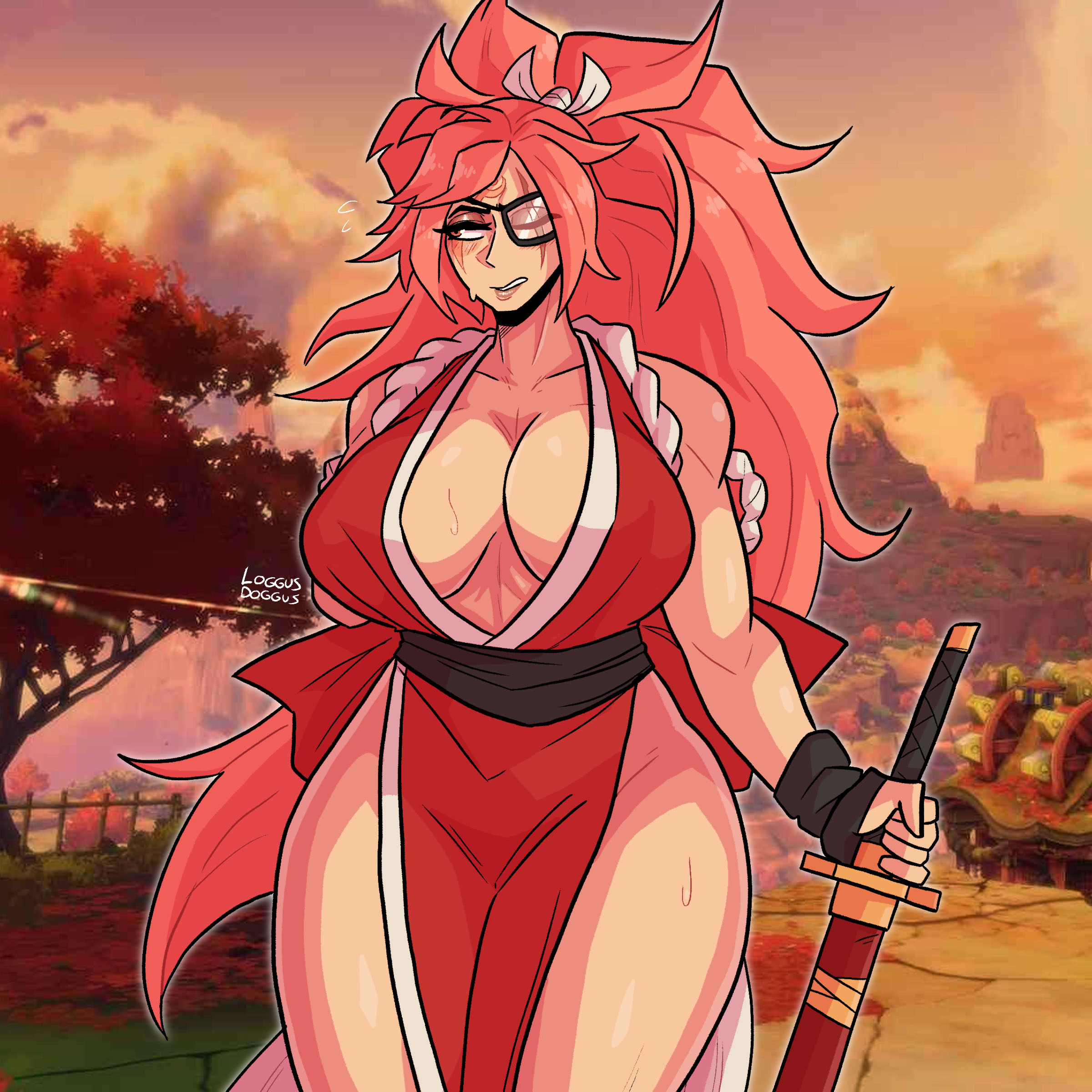 1girls, baiken, blush, breasts, cleavage, cosplay, embarrassed, eye patch, eye scar, face markings, face paint, facepaint, female, female only, guilty gear, guilty gear strive, katana, king of fighters, large breasts, loggus doggus, long hair, mai shiranui (cosplay), ninja, pink hair, ponytail, red eyes, samurai, scar, solo, sweat, sweatdrop, wide hips, wild hair