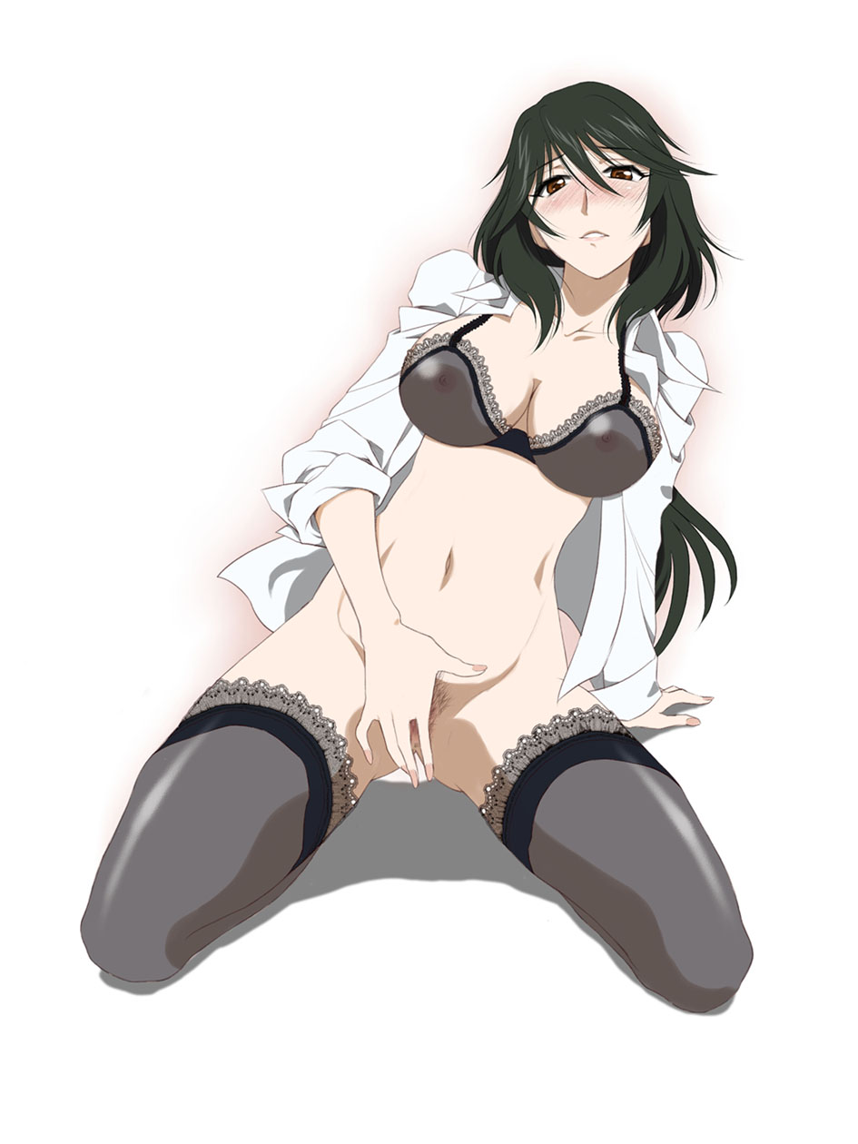 black_bra black_hair black_legwear black_thighhighs blush bra breasts brown_eyes covering covering_crotch female hands highres infinite_stratos lingerie long_hair masturbation navel nipples no_panties open_clothes open_shirt orimura_chifuyu pubic_hair sabachiyo_land see-through shirt simple_background sleeves_rolled_up solo thighhighs uncensored underwear