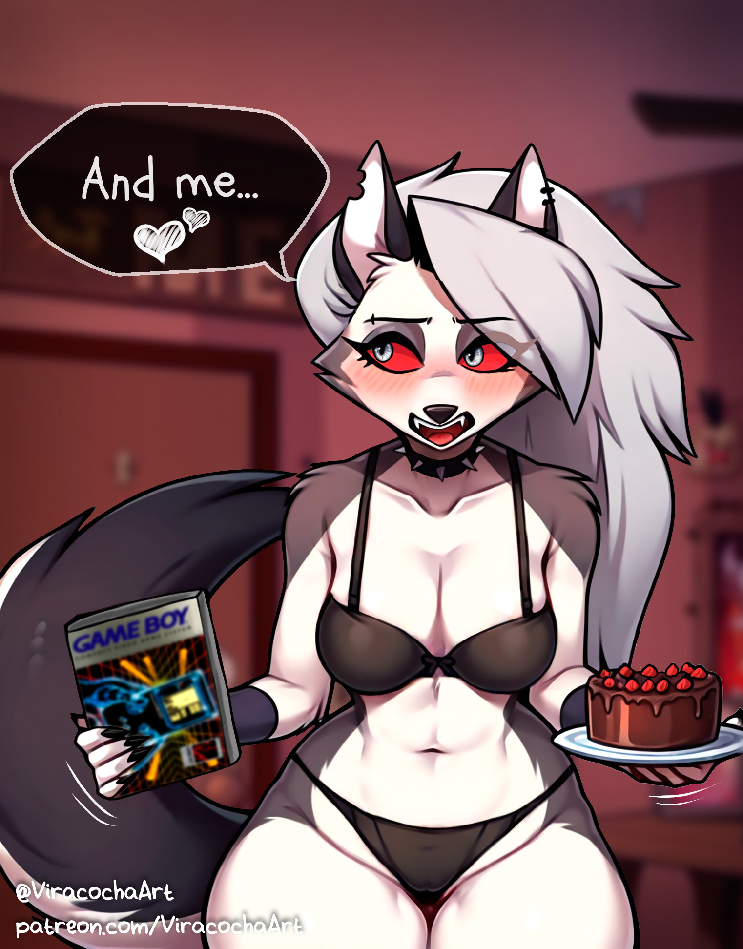 1girls, ai assisted, ai generated, bare arms, bare legs, bare shoulders, bare thighs, big breasts, blush, bra, cake, clothed, clothing, color, english text, female, female focus, female only, furry, furry female, gameboy, hellhound, helluva boss, hi res, large breasts, long hair, looking at viewer, loona (helluva boss), panties, red eyes, solo, solo female, standing, text, thick thighs, underwear, viracochaart, white hair, wolf, wolf ears, wolf girl, wolf tail