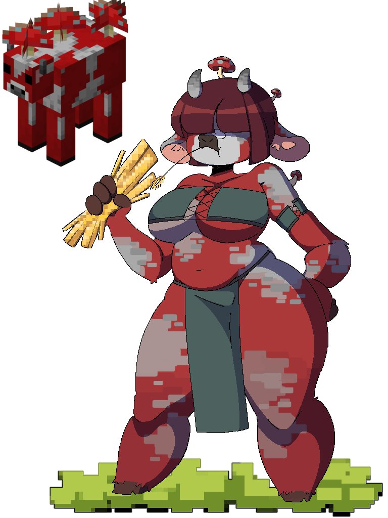 1girls, 2d, alternate version at source, anthro, armband, belly button, bra, breasts, candiedluna, cleavage, clothed, color, covered eyes, cow girl, cow horns, digital media (artwork), eating, female, female only, furry, grey fur, hay, hooves, inner sideboob, large breasts, loincloth, lunal3wd, midriff, minecraft, mojang, mooshroom, mushroom, mushroom girl, navel, no watermark, original, red fur, reference image, shaded, short hair, simple background, slightly chubby, thick legs, thick thighs, thighs, tummy, two-tone fur