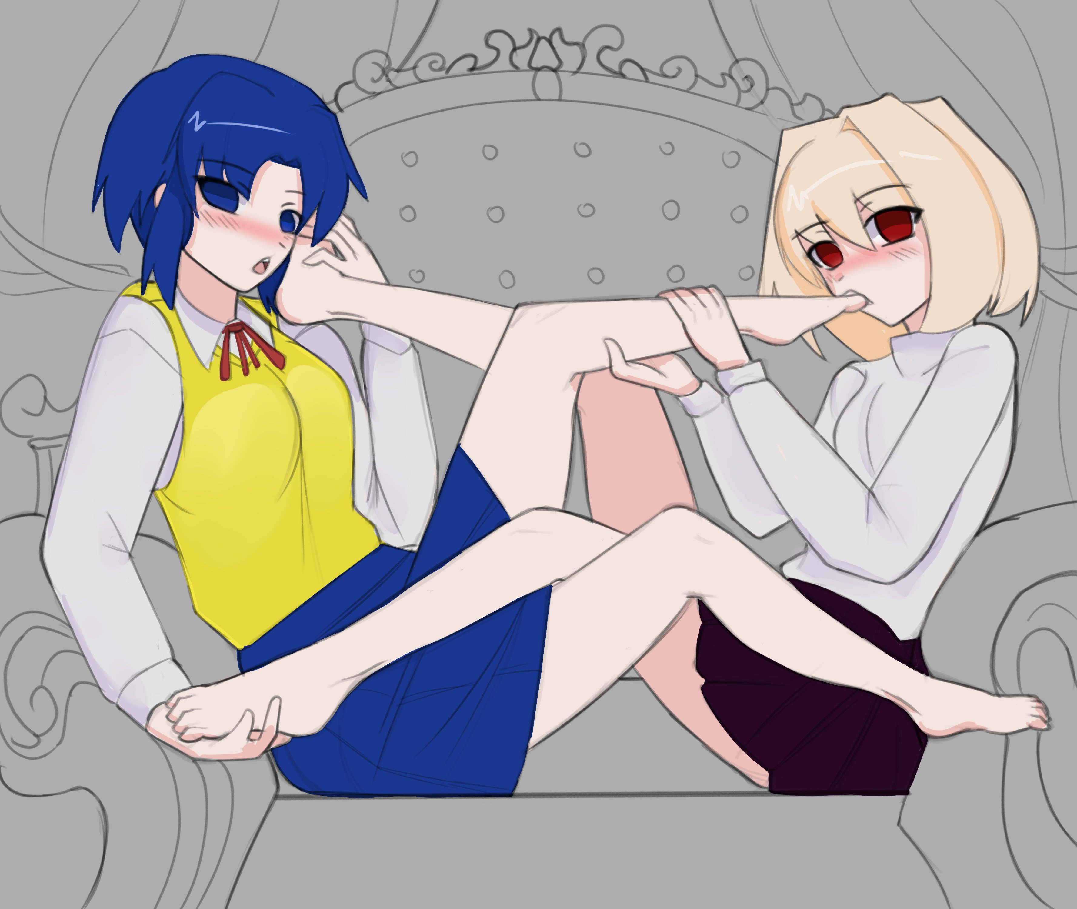 2girls, arcueid brunestud, bare legs, barefoot, blonde hair, blue eyes, blue hair, blue skirt, blush, breasts, ciel (tsukihime), feet, feet fetish, feet focus, feet worship, foot fetish, foot worship, grabbing feet, holding feet, licking, looking at viewer, miniskirt, purple skirt, red eyes, red ribbon, short hair, skirt, sucking toes, sugoiiii , tsukihime, vest, white shirt, yellow vest, yuri