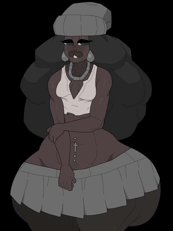 2d, 2d (artwork), alternate version available, beanie, beanie girl, big lips, black background, bottom heavy, clothed female, clothes falling off, clothing, dark-skinned female, looking at viewer, small breasts, wardrobe malfunction, yelftea