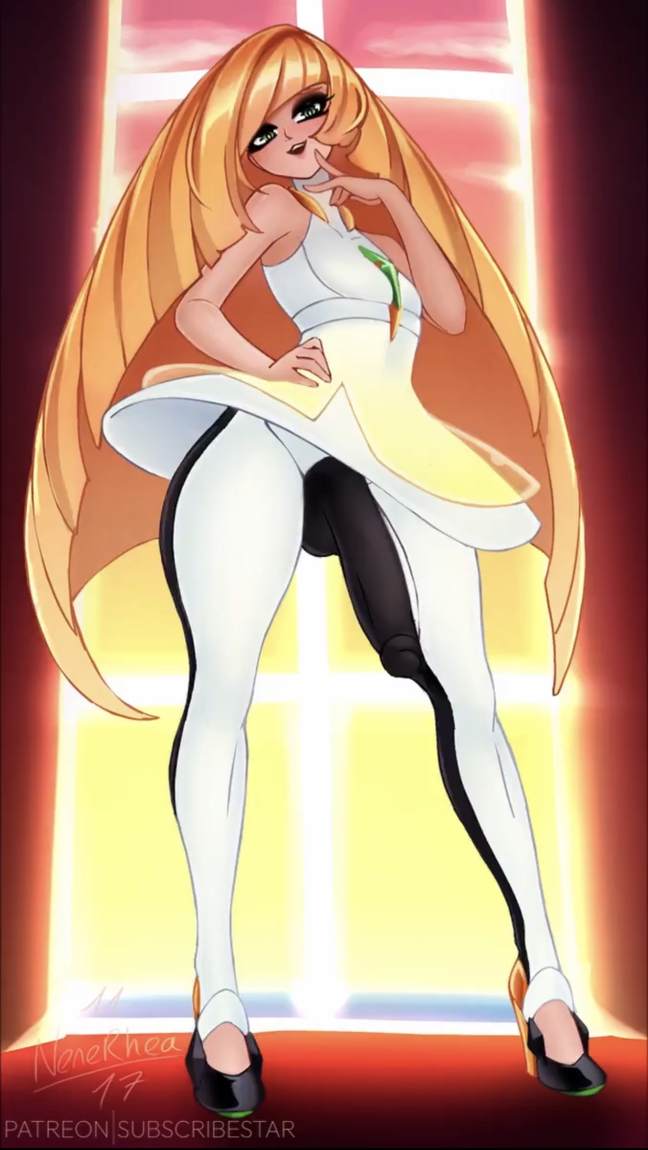 blonde hair, clothed, clothing, fully clothed, futa only, futanari, lusamine (pokemon), nenerhea, pokemon, solo, solo futa