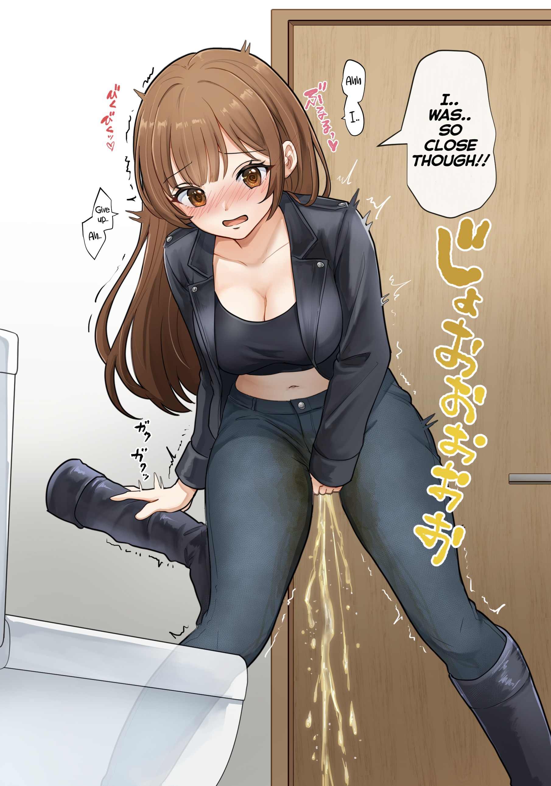 @ @, 1girls, blush, breasts, brown eyes, brown hair, cleavage, didn't make it in time, english text, female, hand between legs, jeans, large breasts, long hair, minami omo, navel, omorashi, open mouth, original, peeing, peeing self, stained pants, toilet, wet, wet pants, wetting self
