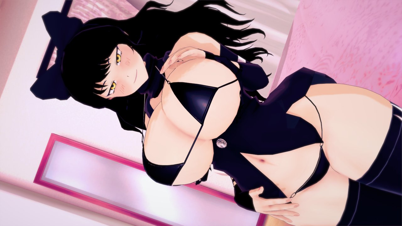 1girls, 3d, black hair, black hair female, blake belladonna, bow, bra, breasts, half naked, half naked female, half-dressed, open shirt, rwby, solo female, stormstriker, yellow eyes