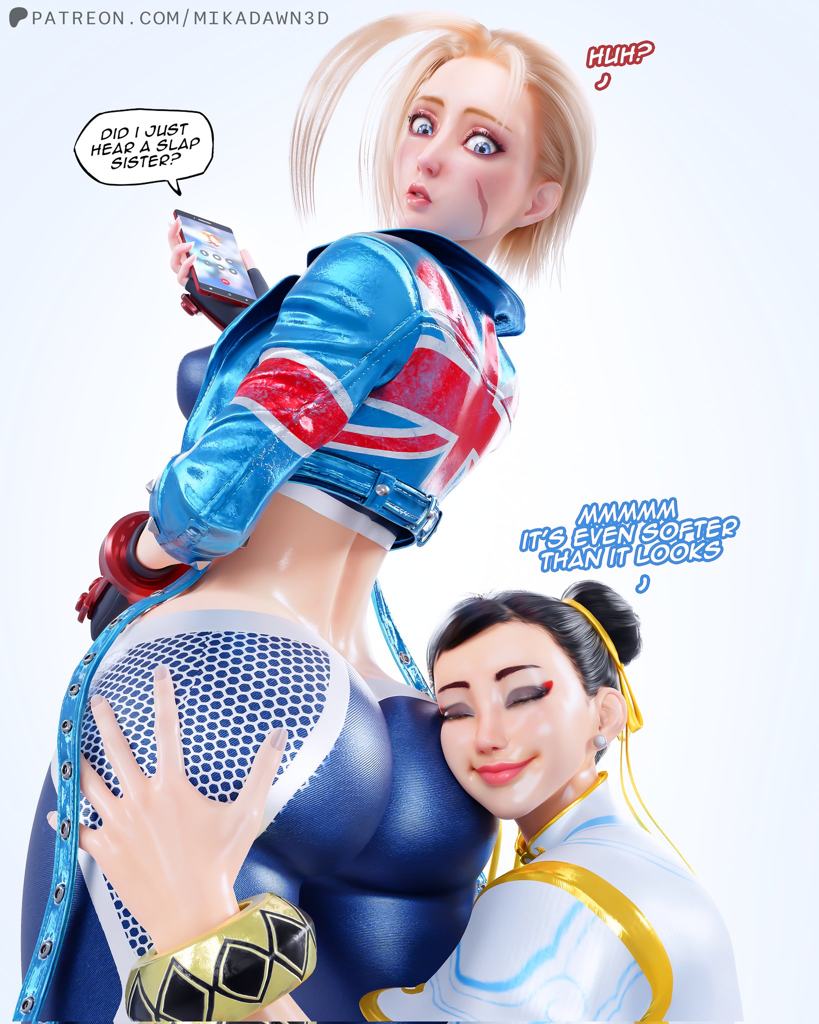 2026, 2girls, 3d, 3d (artwork), asian, asian female, ass, ass worship, assisted presentation, big ass, big but, black hair, blonde hair, blush, bracelet, breasts, british, british female, butt, cammy white, cammy white (street fighter 6), capcom, chinese, chinese female, chun-li, chun-li (street fighter 6), color, colored, dat ass, earrings, european, european female, fanart, female, female face near ass, femme fatale, full color, hair, hair bun, head on ass, interracial, jewelry, large ass, large butt, light skin, light-skinned female, makeup, mikadawn, presenting ass, scar, scar on face, short hair, street fighter, street fighter 6, text, video game, video game character, video game franchise, video games
