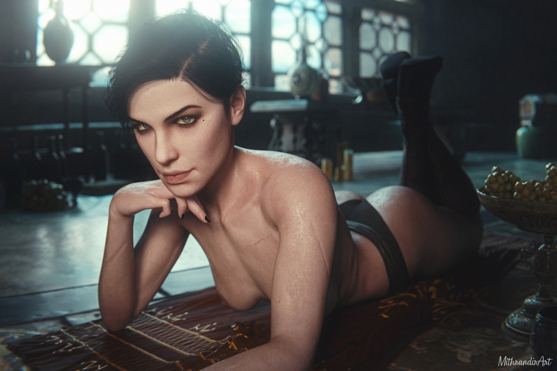 3d, ass, black boots, black hair, black nails, boots, breasts, cd projekt red, female, high heel boots, legs up, light skin, light-skinned female, looking at viewer, lying on stomach, mascara, mithrandirart, nipples, panties, solo, solo female, syanna, the witcher (series), the witcher 3: wild hunt