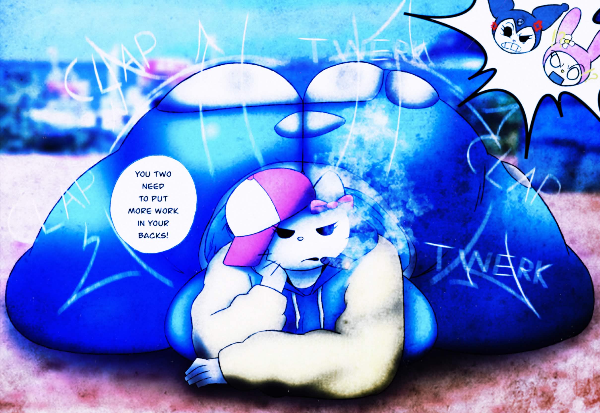 2026, 3girls, anger symbol, angry, ass, ass focus, background, big, bow, breasts, butt, butt crack, cigar, colored, disgusted, exclamation mark, exposed ass, feline, hand on cheek, hat, hello kitty, hello kitty (character), hello kitty (series), hi res, hoodie, huge ass, huge breasts, kitty white, kuromi, laying down, laying on stomach, mocking, my melody, napstasoul, onegai my melody, onomatopoeia, open mouth, question mark, ripped clothing, sanrio, shocked, shocked expression, spread legs, text bubble, tight clothing, tight pants, twerking, whiskers, wide eyed