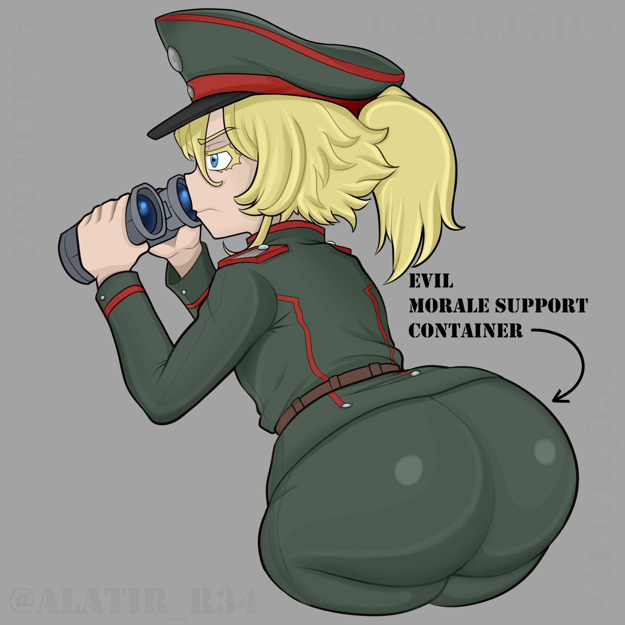 1girls, 1human, 2d, alatir, arrow, arrow (symbol), arrow pointing to ass, arrow pointing to butt, artist name, aryan, aryan female, ass, ass focus, big ass, blonde, blonde female, blonde hair, blue eyes, blue eyes female, blue-eyed female, butt focus, clothed, clothed female, english, english text, evil container, female, female ass, female ass focus, female butt, female only, fully clothed, fully clothed female, gray background, grey background, human, human female, human only, large ass, light skin, light-skinned female, military uniform, simple background, solid color background, solo, solo female, solo human, tanya degurechaff, text, youjo senki