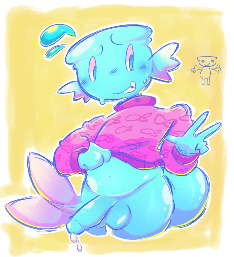 blush, dandy's world, finn (dandy's world), fishbowl, nervous smile, precum, presenting, prismatic pal finn
